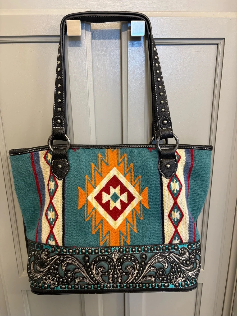 Turquoise Southwestern Pattern Tote Bag with Studded Trim
